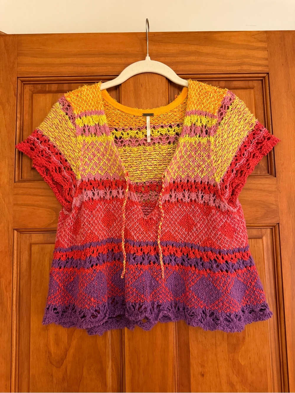 Free People Hand-Knit Multicolor Short Sleeve Sweater Top - Yellow, Red, Purple - Picture 4 of 4